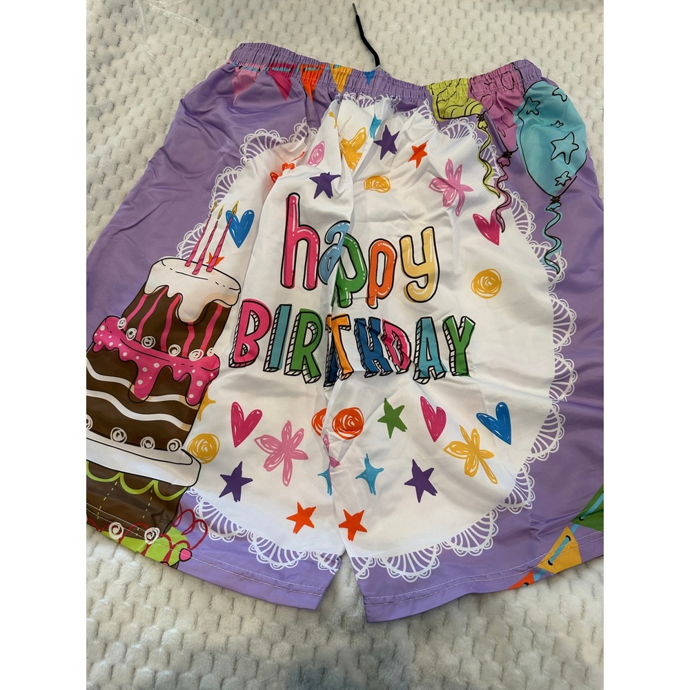 Happy Birthday Swim Trunks Mens 3XL Purple Cake Balloon Novelty Board Shorts - Picture 4 of 4